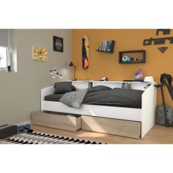 Lit banquette 2 tiroirs 90 x 200/190 cm - MDF - Mat décor chene et bl