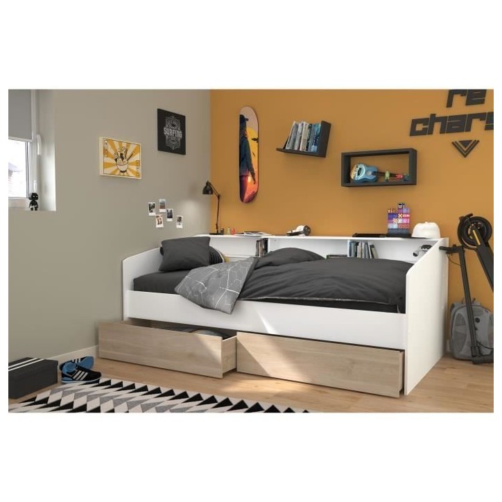 Lit banquette 2 tiroirs 90 x 200/190 cm - MDF - Mat décor chene et blanc - JOY - 2339ENSE