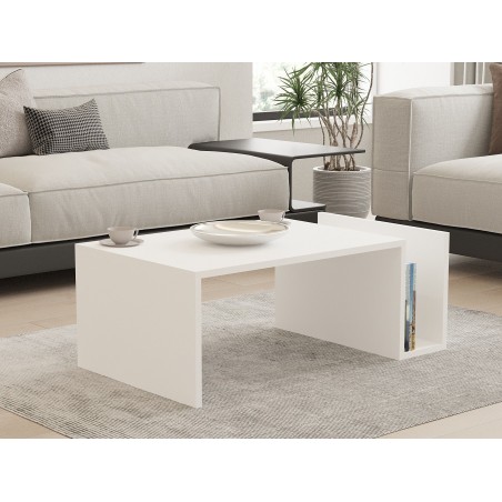 Table basse MEMO - Couleur Blanche - Plateau Relevable & Rangement Intégré - L 86,8 cm x P 32,4 x H 50 cm