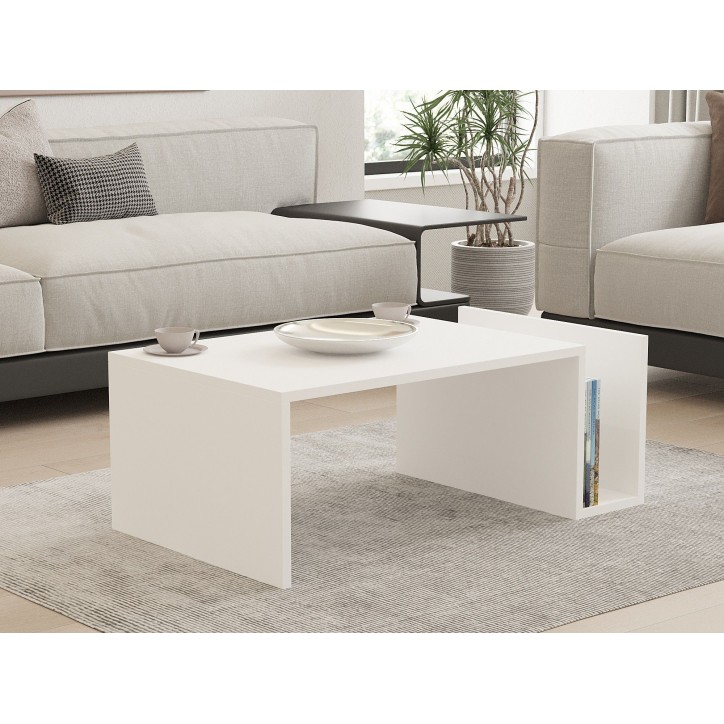 Table basse MEMO - Couleur Blanche - Plateau Relevable & Rangement Intégré - L 86,8 cm x P 32,4 x H 50 cm Table basse MEMO - Couleur Blanche - Plateau Relevable & Rangement Intégré - L 86,8 cm x P 32,4 x H 50 cm