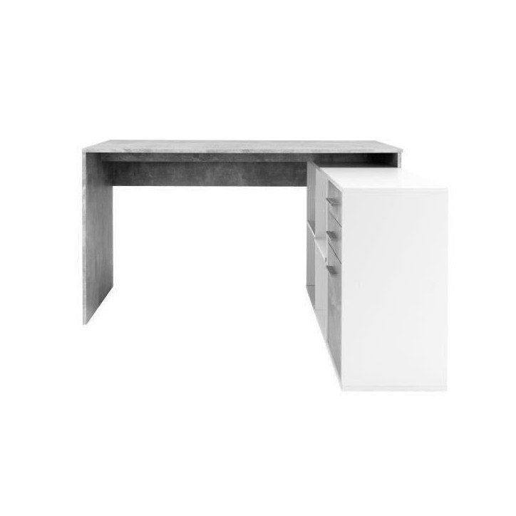 Bureau d'angle LONDON - Panneaux de particules - Décor béton structuré, blanc - 136 x 75 x 139 cm