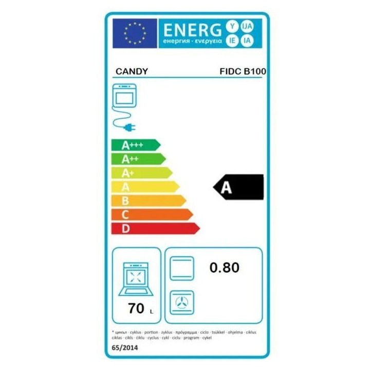 Four encastrable CANDY FIDC B100 - Nettoyage manuel - Convection naturelle - 70L - Blanc - Classe A Four encastrable CANDY FIDC B100 - Nettoyage manuel - Convection naturelle - 70L - Blanc - Classe A