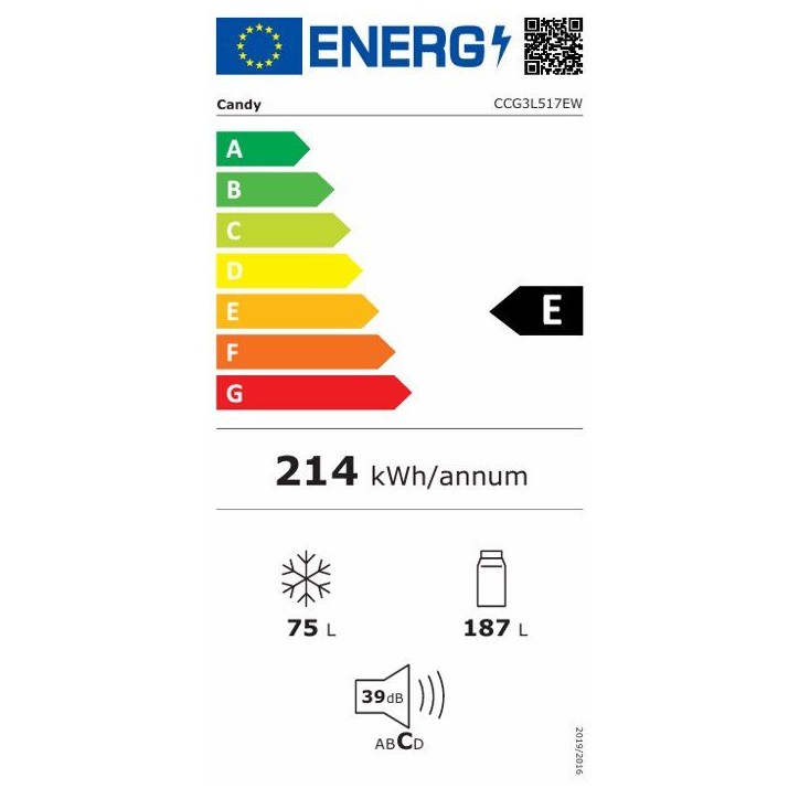 Réfrigérateur combiné - CANDY CCG3L517EW - Classe E - 260 L - 39 dB - Blanc - 54,5 x 55 x 176cm Réfrigérateur combiné - CANDY CCG3L517EW - Classe E - 260 L - 39 dB - Blanc - 54,5 x 55 x 176cm