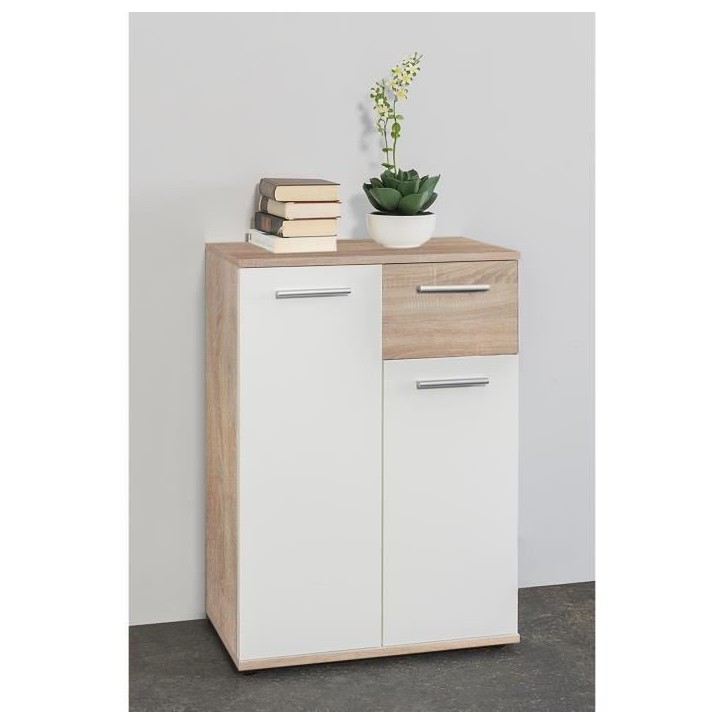 JACKY Meuble de rangement Petit Buffet - Blanc mat et décor chene Sonoma - Classique - L 60 cm