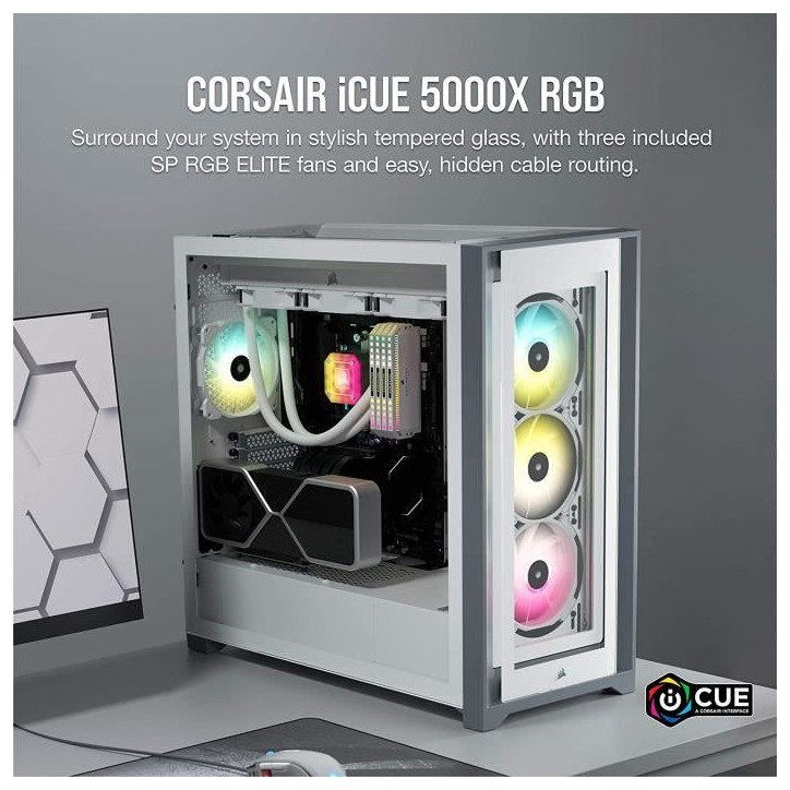 Boîtier PC - CORSAIR - CC-9011213-WW - ATX iCUE 5000X RGB - Moyen-tour intelligent en verre trempé - Blanc Boîtier PC - CORSAIR - CC-9011213-WW - ATX iCUE 5000X RGB - Moyen-tour intelligent en verre trempé - Blanc