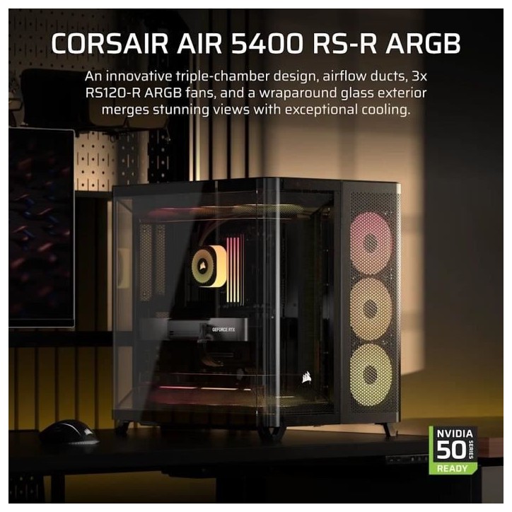 Boitier PC - CORSAIR - AIR 5400 RS-R ARGB Tempered Glass Mid-Tower - Ventilateurs RGB a rotor inversé - Noir Boitier PC - CORSAIR - AIR 5400 RS-R ARGB Tempered Glass Mid-Tower - Ventilateurs RGB a rotor inversé - Noir