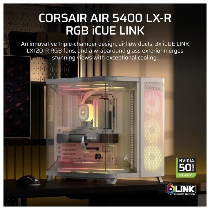 Boitier PC - CORSAIR - AIR 5400 LX-R LINK Tempered Glass Mid-Tower - Ventilateurs RGB a rotor inversé - Blanc Boitier PC - CORSAIR - AIR 5400 LX-R LINK Tempered Glass Mid-Tower - Ventilateurs RGB a rotor inversé - Blanc