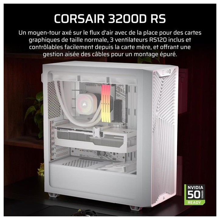 Boîtier PC - CORSAIR - 3200D RS - Moyen Tour - 3 ventilateurs RS120 - Blanc Boîtier PC - CORSAIR - 3200D RS - Moyen Tour - 3 ventilateurs RS120 - Blanc