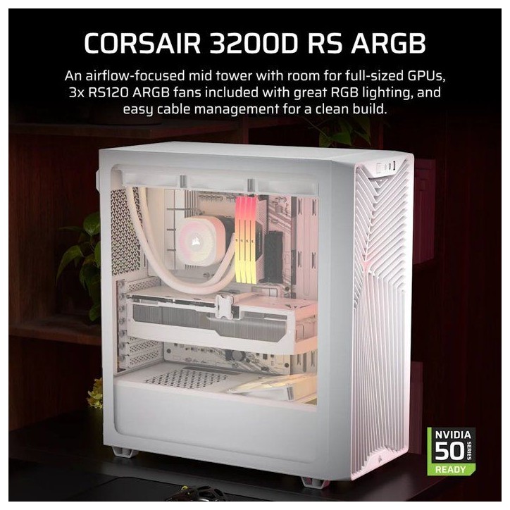 Boîtier PC - CORSAIR - 3200D RS ARGB - Moyen Tour - 3 ventilateurs RS120 ARGB - Blanc Boîtier PC - CORSAIR - 3200D RS ARGB - Moyen Tour - 3 ventilateurs RS120 ARGB - Blanc