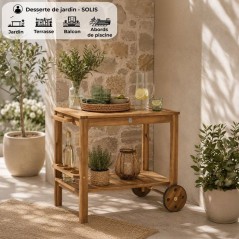 Desserte de jardin a roulettes en bois d'acacia FSC - SOLIS - Avec porte-bouteilles - Bois naturel - 94 x 49,3 x 74 cm