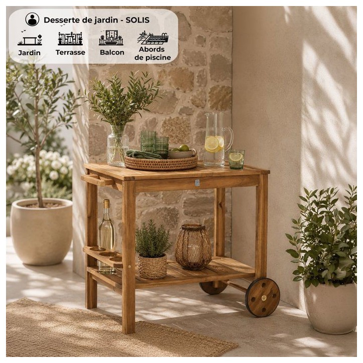 Desserte de jardin a roulettes en bois d'acacia FSC - SOLIS - Avec porte-bouteilles - Bois naturel - 94 x 49,3 x 74 cm Desserte de jardin a roulettes en bois d'acacia FSC - SOLIS - Avec porte-bouteilles - Bois naturel - 94 x 49,3 x 74 cm