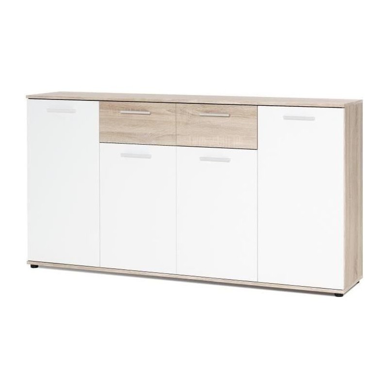 JACKY Buffet bas classique blanc et décor chene mat - L 160 cm JACKY Buffet bas classique blanc et décor chene mat - L 160 cm