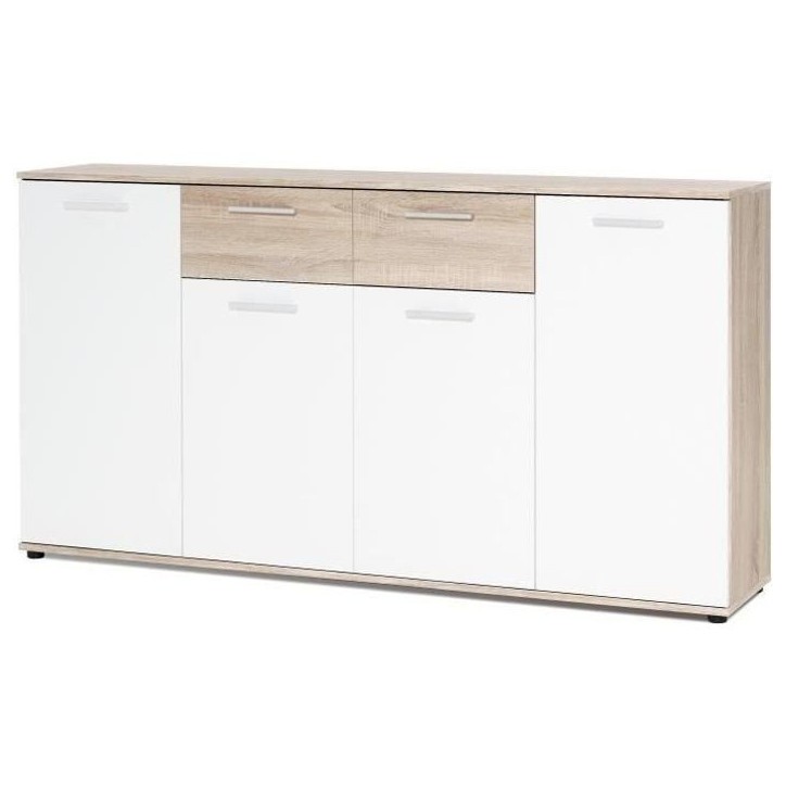 JACKY Buffet bas classique blanc et décor chene mat - L 160 cm JACKY Buffet bas classique blanc et décor chene mat - L 160 cm