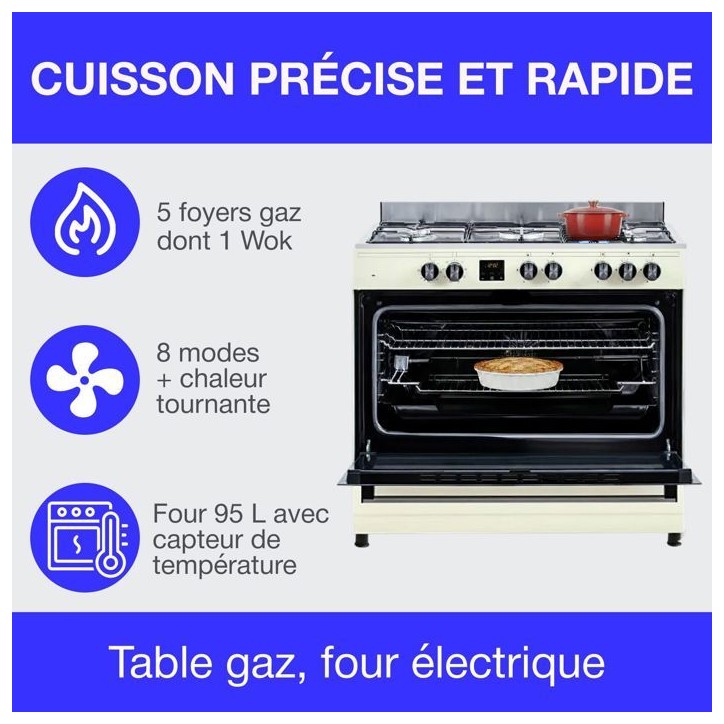 Cuisiniere piano four multifonctions catalyse - CONTINENTAL EDISON - CECP9060CD - 95 L - L90 x H85 cm - Creme / Inox