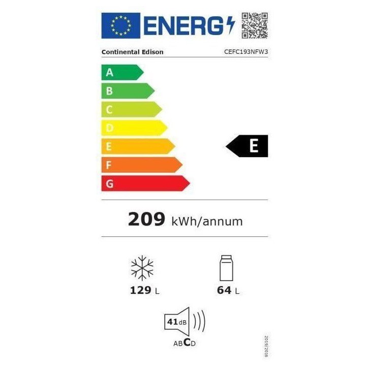 Réfrigérateur congélateur bas - CONTINENTAL EDISON - CEFC193NFW3 - Classe E - 193 L - L48,5 x P60 x 158,5cm - Blanc Réfrigérateur congélateur bas - CONTINENTAL EDISON - CEFC193NFW3 - Classe E - 193 L - L48,5 x P60 x 158,5cm - Blanc