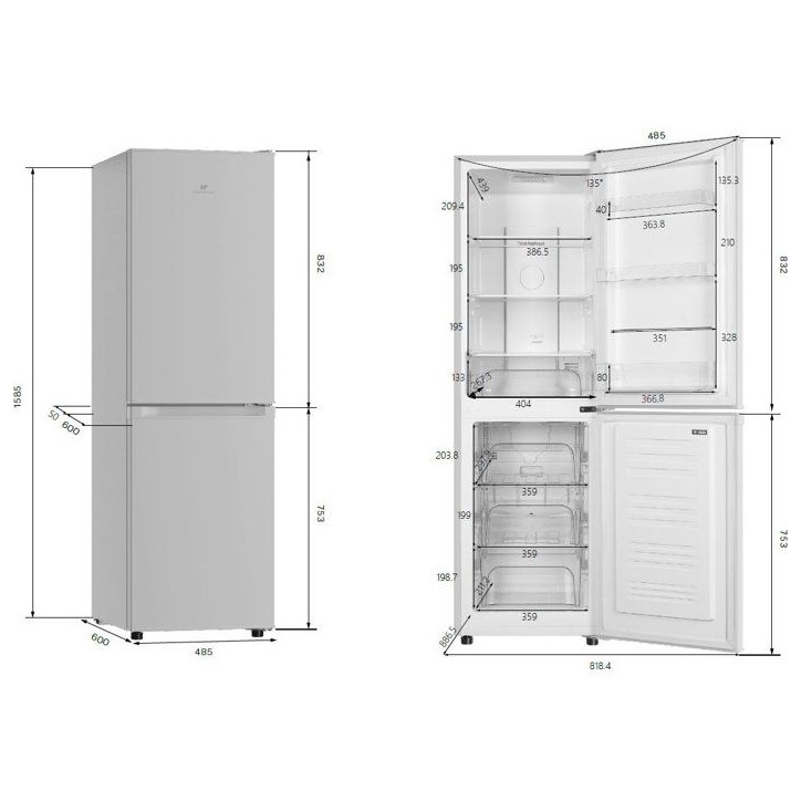 Réfrigérateur congélateur bas - CONTINENTAL EDISON - CEFC193NFW3 - Classe E - 193 L - L48,5 x P60 x 158,5cm - Blanc Réfrigérateur congélateur bas - CONTINENTAL EDISON - CEFC193NFW3 - Classe E - 193 L - L48,5 x P60 x 158,5cm - Blanc