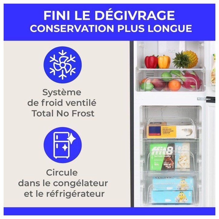 Réfrigérateur combiné - CONTINENTAL EDISON - CEFC225NFB -225L - Total No Frost(Sans givre) - Classe E - L48,5 x P60x H175 cm Réfrigérateur combiné - CONTINENTAL EDISON - CEFC225NFB -225L - Total No Frost(Sans givre) - Classe E - L48,5 x P60x H175 cm