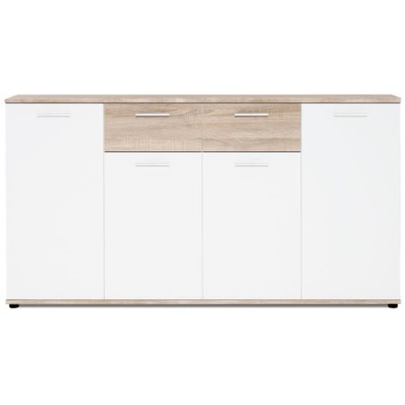 JACKY Buffet bas classique blanc et décor chene mat - L 160 cm