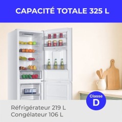 Réfrigérateur congélateur bas - CONTINENTAL EDISON - CEFC325NFWD - Classe D - 325L - Distributeur d'eau - 60 x 68,5 x 185 cm