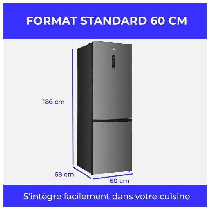 Réfrigérateur combiné - CONTINENTAL EDISON - CEFC400NFIXD - 402 L - Classe D - 60 x 68 x 186 cm - Inox