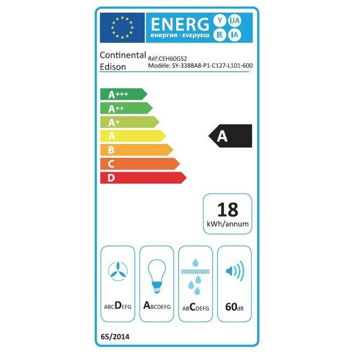 Hotte décorative - CONTINENTAL EDISON - CEH60GS2 - Classe A - 60 x 47 x 50/84 cm - Inox / Verre