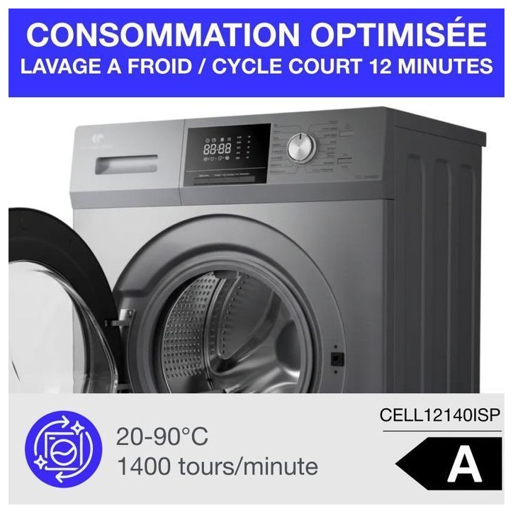 Lave-linge hublot - CONTINENTAL EDISON - CELL12140ISP - 12kg - Induction - 60 cm - 1400 trs/min - Silver Lave-linge hublot - CONTINENTAL EDISON - CELL12140ISP - 12kg - Induction - 60 cm - 1400 trs/min - Silver