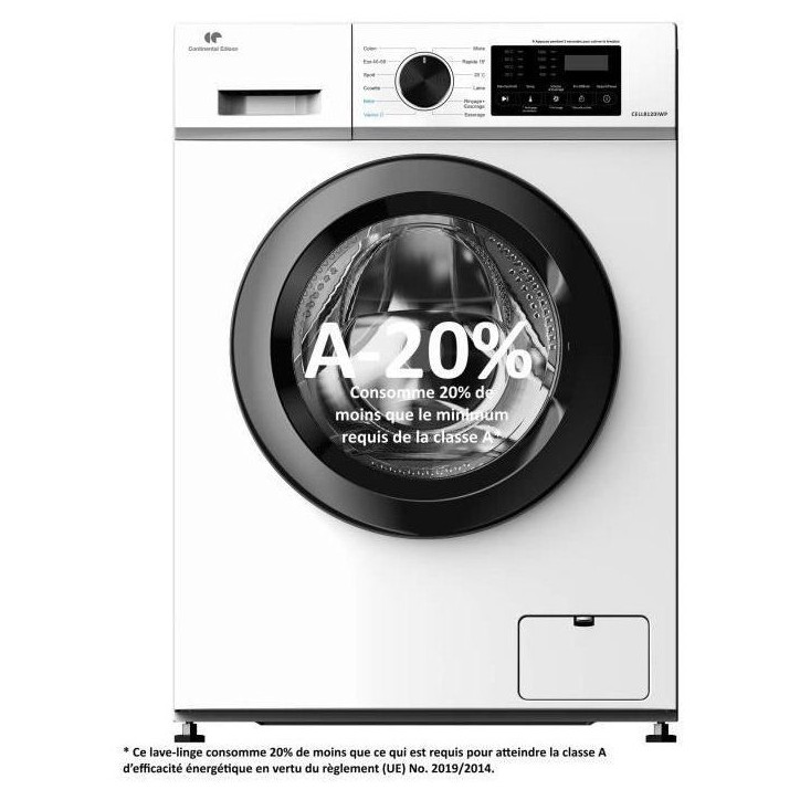 Lave-linge hublot CONTINENTAL EDISON CELL8120IWP - 8 kg - Induction - L60cm - 1200 trs / min - Classe A - Blanc hublot noir Lave-linge hublot CONTINENTAL EDISON CELL8120IWP - 8 kg - Induction - L60cm - 1200 trs / min - Classe A - Blanc hublot noir