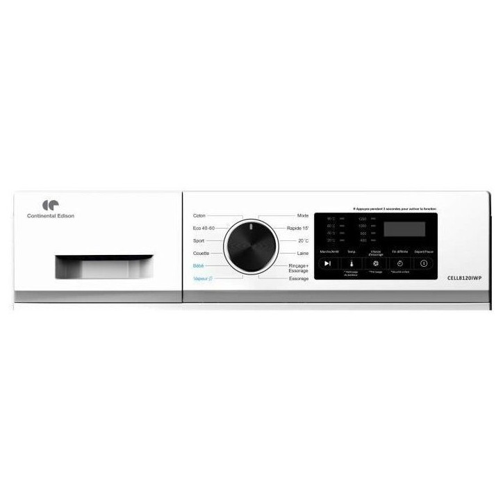 Lave-linge hublot CONTINENTAL EDISON CELL8120IWP - 8 kg - Induction - L60cm - 1200 trs / min - Classe A - Blanc hublot noir Lave-linge hublot CONTINENTAL EDISON CELL8120IWP - 8 kg - Induction - L60cm - 1200 trs / min - Classe A - Blanc hublot noir