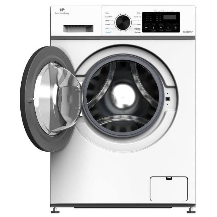 Lave-linge hublot CONTINENTAL EDISON CELL8120IWP - 8 kg - Induction - L60cm - 1200 trs / min - Classe A - Blanc hublot noir Lave-linge hublot CONTINENTAL EDISON CELL8120IWP - 8 kg - Induction - L60cm - 1200 trs / min - Classe A - Blanc hublot noir
