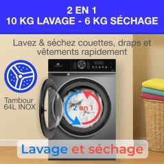 Lave-linge séchant - CONTINENTAL EDISON - CELS106S - 10kg / 6kg - Moteur induction directe - 60 cm - 1200 trs/min - Silver