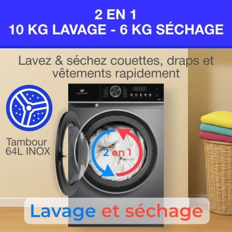 Lave-linge séchant - CONTINENTAL EDISON - CELS106S - 10kg / 6kg - Moteur induction directe - 60 cm - 1200 trs/min - Silver