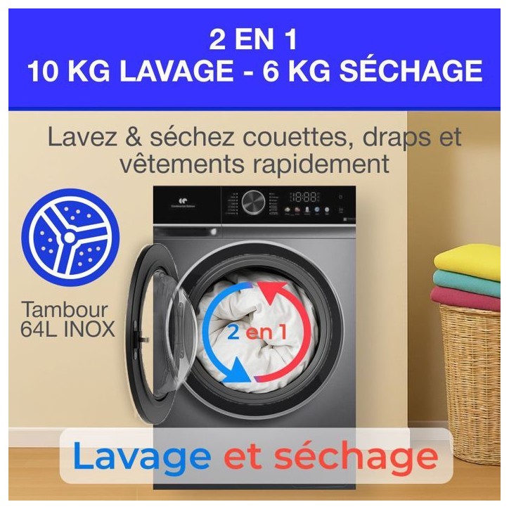 Lave-linge séchant - CONTINENTAL EDISON - CELS106S - 10kg / 6kg - Moteur induction directe - 60 cm - 1200 trs/min - Silver