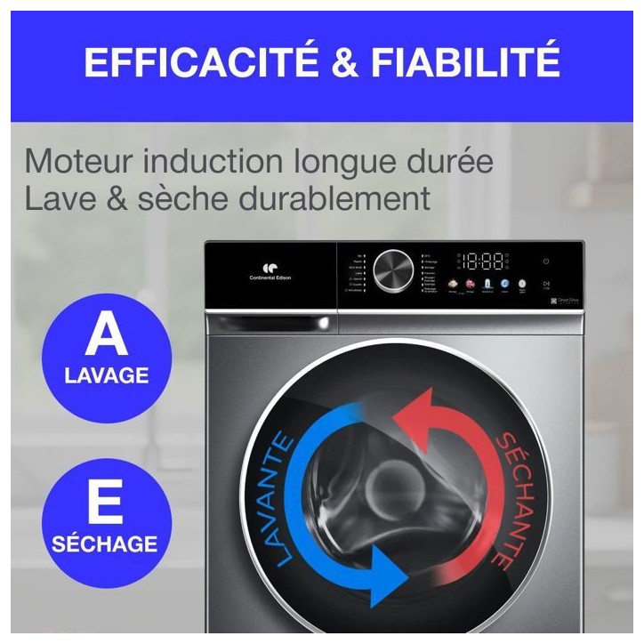 Lave-linge séchant - CONTINENTAL EDISON - CELS106S - 10kg / 6kg - Moteur induction directe - 60 cm - 1200 trs/min - Silver
