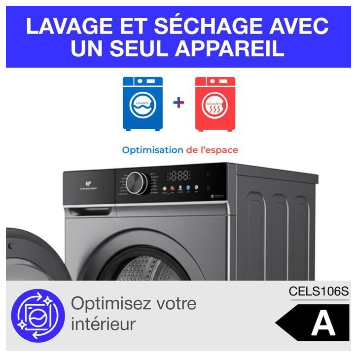 Lave-linge séchant - CONTINENTAL EDISON - CELS106S - 10kg / 6kg - Moteur induction directe - 60 cm - 1200 trs/min - Silver