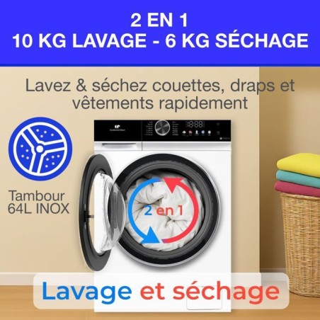 Lave-linge séchant - CONTINENTAL EDISON - CELS106W - 10kg / 6kg - Moteur induction directe - 60 cm - 1200 trs/min - Blanc
