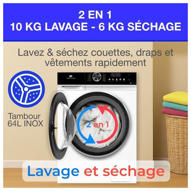 Lave-linge séchant - CONTINENTAL EDISON - CELS106W - 10kg / 6kg - Moteur induction directe - 60 cm - 1200 trs/min - Blanc Lave-linge séchant - CONTINENTAL EDISON - CELS106W - 10kg / 6kg - Moteur induction directe - 60 cm - 1200 trs/min - Blanc