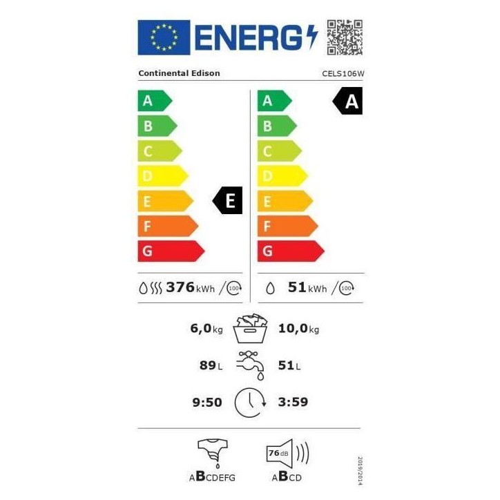 Lave-linge séchant - CONTINENTAL EDISON - CELS106W - 10kg / 6kg - Moteur induction directe - 60 cm - 1200 trs/min - Blanc Lave-linge séchant - CONTINENTAL EDISON - CELS106W - 10kg / 6kg - Moteur induction directe - 60 cm - 1200 trs/min - Blanc