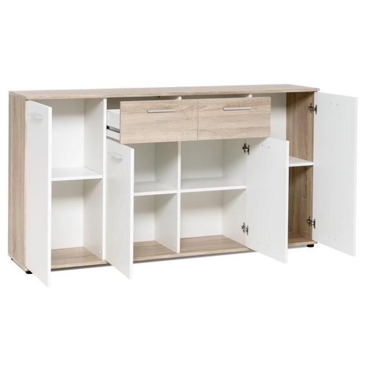 JACKY Buffet bas classique blanc et décor chene mat - L 160 cm JACKY Buffet bas classique blanc et décor chene mat - L 160 cm
