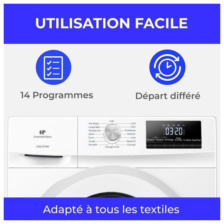 Seche-linge pompe a chaleur - CONTINENTAL EDISON - CESL7PCWE - 7 kg - 60 cm - Classe E - Blanc Seche-linge pompe a chaleur - CONTINENTAL EDISON - CESL7PCWE - 7 kg - 60 cm - Classe E - Blanc