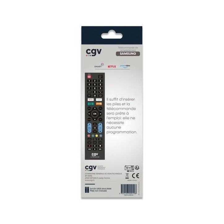 Télécommande de remplacement - CGV - FIDELIO Samsung - Pour téléviseurs Samsung - Sans programmation - Prete a l'emploi Télécommande de remplacement - CGV - FIDELIO Samsung - Pour téléviseurs Samsung - Sans programmation - Prete a l'emploi