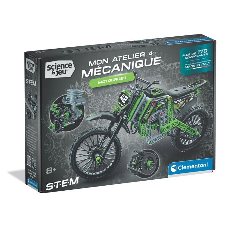 Motocross - CLEMENTONI - Mon Atelier Mécanique - Avec + 170 pieces - Des 8 ans - Fabriqué en Italie - Coffret de construction Motocross - CLEMENTONI - Mon Atelier Mécanique - Avec + 170 pieces - Des 8 ans - Fabriqué en Italie - Coffret de construction