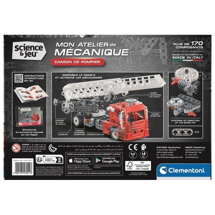 Camion de Pompier - CLEMENTONI - Mon Atelier Mécanique - Plus de 170 pieces - Des 8 ans - Fabriqué en Italie Camion de Pompier - CLEMENTONI - Mon Atelier Mécanique - Plus de 170 pieces - Des 8 ans - Fabriqué en Italie