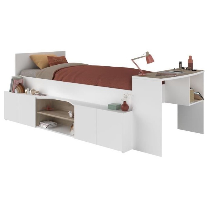 Lit combiné enfant avec rangements et bureau CLoe - 90 x 200 cm - Décor blanc et chene - PARISOT Lit combiné enfant avec rangements et bureau CLoe - 90 x 200 cm - Décor blanc et chene - PARISOT