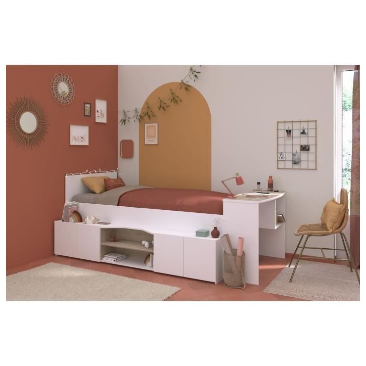 Lit combiné enfant avec rangements et bureau CLoe - 90 x 200 cm - Décor blanc et chene - PARISOT Lit combiné enfant avec rangements et bureau CLoe - 90 x 200 cm - Décor blanc et chene - PARISOT