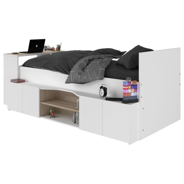 Lit combiné enfant avec rangements et bureau CLoe - 90 x 200 cm - Décor blanc et chene - PARISOT Lit combiné enfant avec rangements et bureau CLoe - 90 x 200 cm - Décor blanc et chene - PARISOT