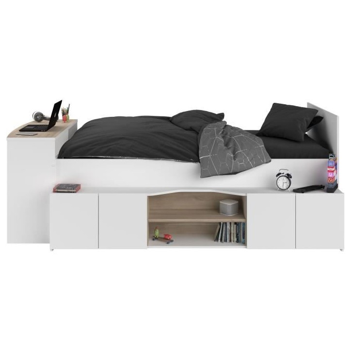 Lit combiné enfant avec rangements et bureau CLoe - 90 x 200 cm - Décor blanc et chene - PARISOT Lit combiné enfant avec rangements et bureau CLoe - 90 x 200 cm - Décor blanc et chene - PARISOT
