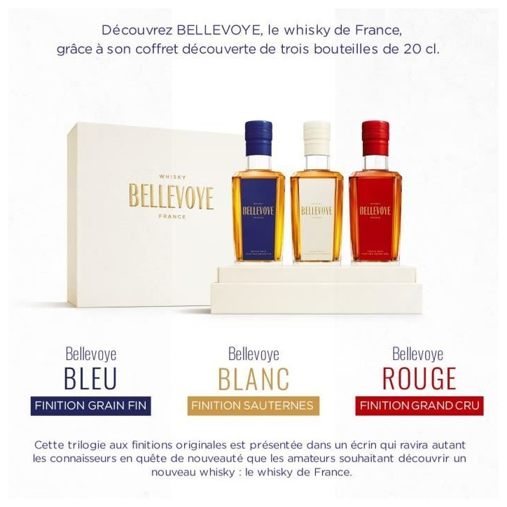 BELLEVOYE - Whisky - Origine : France - Coffret Tricolore Découverte Bleu, Blanc Rouge - 3 * 20 cl BELLEVOYE - Whisky - Origine : France - Coffret Tricolore Découverte Bleu, Blanc Rouge - 3 * 20 cl