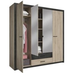 Armoire - Décor Chene et noir - 4 portes battantes - 2 tiroirs - Miro