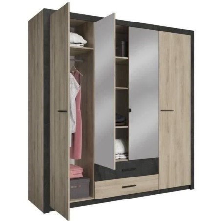 Armoire - Décor Chene et noir - 4 portes battantes - 2 tiroirs - Miro