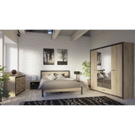 Armoire - Décor Chene et noir - 4 portes battantes - 2 tiroirs - Miroirs - L 198 x H 203,1 x 56,6 cm - COLORADO - Made in Franc